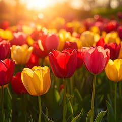 Vibrant Red Yellow Pink Tulips in Sunset Light