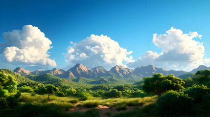 Vibrant Sunny Day Landscape with Lush Green Hills and Majestic Mountains