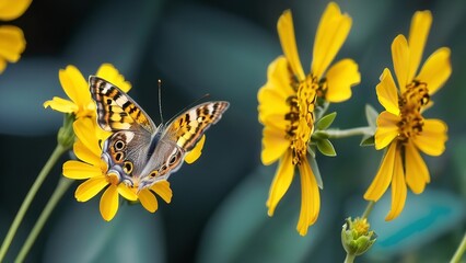 a butterfly is sitting on yellow flowers with leaves and foliage behind it and the wings and legs of a flower