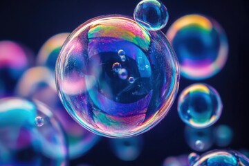 Colorful soap bubbles float gracefully against a dark backdrop
