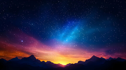 Fototapeta premium Vibrant Sunset and Starry Night Sky Over Silhouetted Mountains
