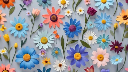 an arrangement of colorful flowers is displayed on a wall with several colors of paper and green