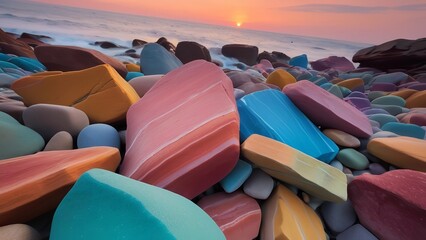 bright colorful rocks on beach with sea at sunset time and sun going down behind it