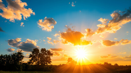 Fototapeta premium Vibrant Sunset Over a Field with Silhouetted Trees