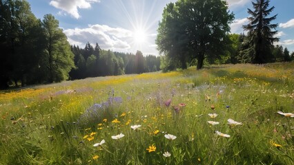 a field with trees in the background and wildflowers growing on it in the foreground