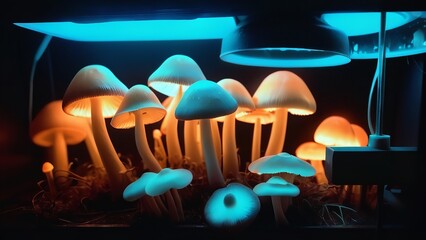group of mushrooms in the dark near each other by itself, glowing from behind them