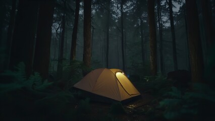 a person is inside a tent in the woods at night, staring through the dark woods