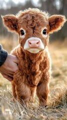 Obraz premium This cute calf has an inquisitive expression as it stands in a sunny field, capturing the essence of innocence, nature, and the beauty of rural life in a warm, inviting atmosphere.