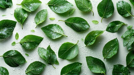 Obraz premium A variety of green leaves arranged on a surface with droplets of water.
