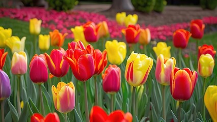 there are many different color tulips that are in the flowers that bloom outside