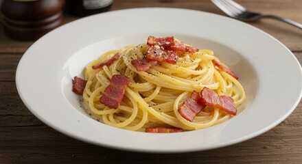 Delicious Spaghetti Carbonara with Bacon in White Plate Ready to Eat