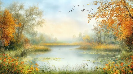 Obraz premium Serene Autumn Pond Landscape with Birds in Flight