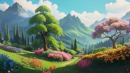 an artistic scene of a small river and some mountains in the background with flowers on trees