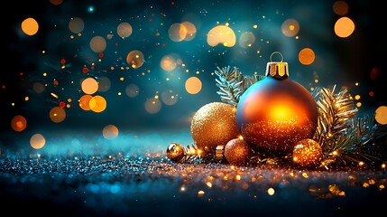 Festive Christmas ornaments glowing, bokeh background, holiday card