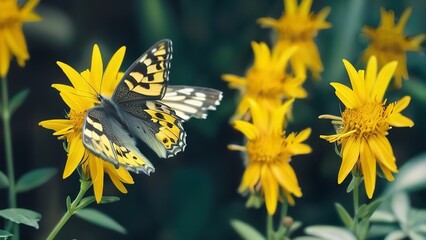 a butterfly is sitting on yellow flowers with leaves and foliage behind it and the wings and legs of a flower