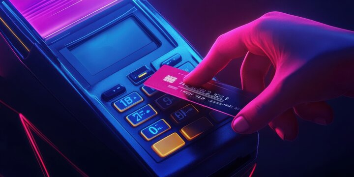 Neon Glow Digital Payment: Hand Inserting Credit Card into a POS Terminal