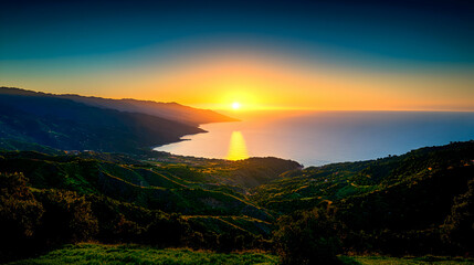 Obraz premium Vibrant Sunset Over Coastal Mountains and Ocean