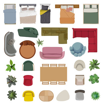 Top view of furniture for interior design plan, apartment project. Sofa, bed, house plants, armchair, tables set for home rooms and offices. Realistic vector illustration isolated