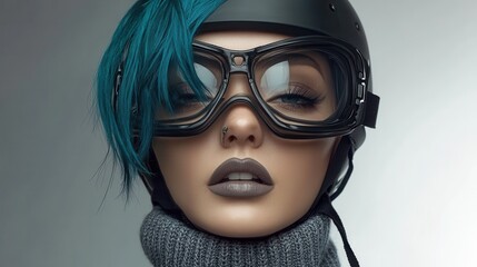 A close-up shot of a stylish model wearing a helmet and goggles, highlighting a unique blend of fashion and modern urban aesthetics with bold makeup and vivid hair colors.