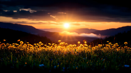 Vibrant Sunset Over Foggy Mountain Field with Yellow Flowers