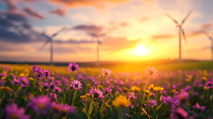 Obraz premium Vibrant Sunset Over Field of Flowers and Wind Turbines