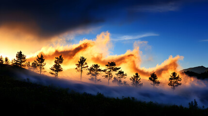 Vibrant Sunset Over Foggy Mountain Landscape