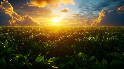 Vibrant Sunset Over Lush Green Field