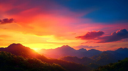Fototapeta premium Vibrant Sunset Over Lush Green Mountains
