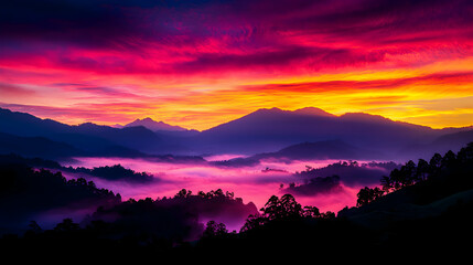 Vibrant Sunset Over Misty Mountains