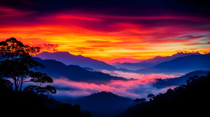 Vibrant Sunset Over Misty Mountains