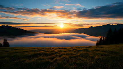 Obraz premium Vibrant Sunset Over Misty Mountain Valley