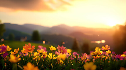 Fototapeta premium Vibrant Sunset Over Mountain Landscape with Blooming Flowers