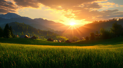 Naklejka premium Vibrant Sunset over Mountain Village and Lush Green Field