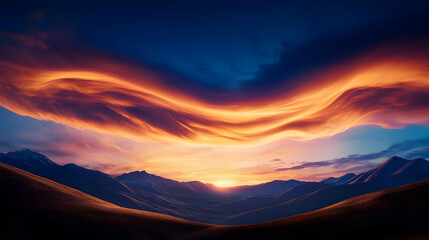 Obraz premium Vibrant Sunset Over Mountains with Dramatic Clouds