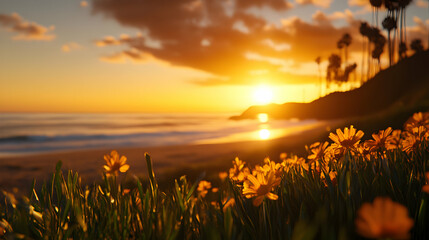 Vibrant Sunset Over Ocean Beach with Yellow Flowers