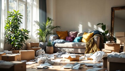 Unpacking Boxes After Moving Home Messy Living Room with Couch