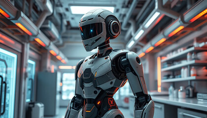 Fototapeta premium A Futuristic Robot Standing in a High-Tech Laboratory