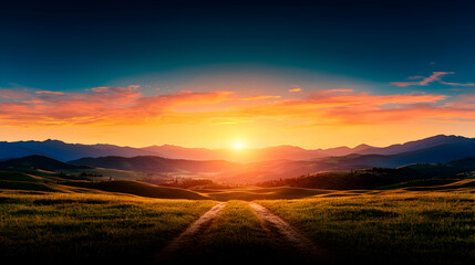 Obraz premium Vibrant Sunset Over Rolling Hills and Country Road