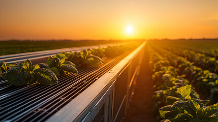 Obraz premium Vibrant Sunset Over Rows of Cultivated Crops in Agricultural Field
