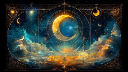 Celestial Moon, Golden Sunrise, Fantasy Art, Night Sky, Poster