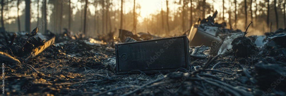 Poster black box recorder rests among wreckage of an aircraft in forested crash site at dusk. generative ai