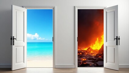 Two open doors revealing contrasting scenes: a tranquil beach and a raging fire.