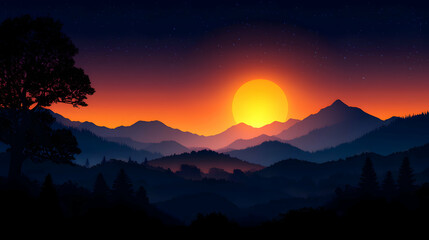 Fototapeta premium Vibrant Sunset Over Silhouetted Mountains