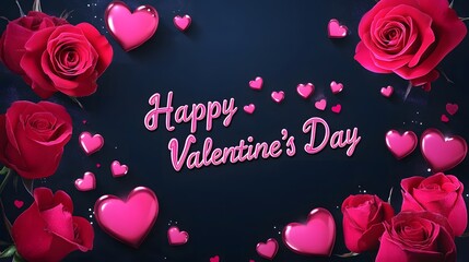 Happy Valentine's Day: 3D Rendered Background with Pink Rose and Heart-Shaped Text on Dark Blue, Cute Cartoon Style