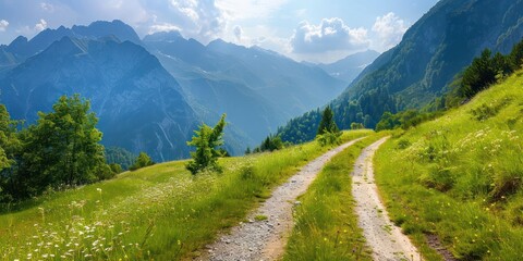 Fototapeta premium Summer landscape in mountains with trail background morning good weather