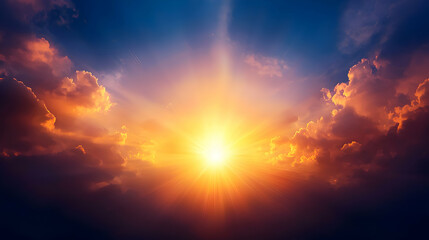 Fototapeta premium Vibrant Sunset Sky with Colorful Clouds and Bright Sun Rays