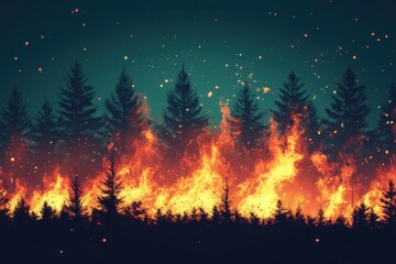 Forest fire engulfs trees with a fiery glow at night
