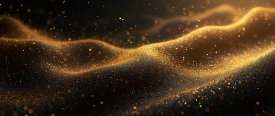 Luxury golden glitter waves on dark background with glowing bokeh  
