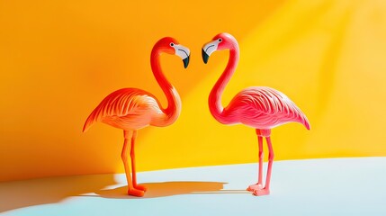 Naklejka premium Flamingo toys in motion, vibrant colors, simple yet creative design, evoking joy and playfulness.