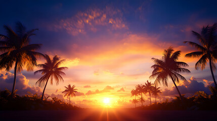 Obraz premium Vibrant Tropical Sunset Over Silhouetted Palm Trees
